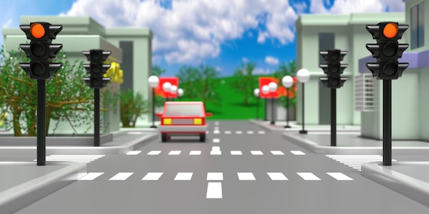 Мультяшный красный светофор в центре города концепция Освещенный фон светофора 3d иллюстрация