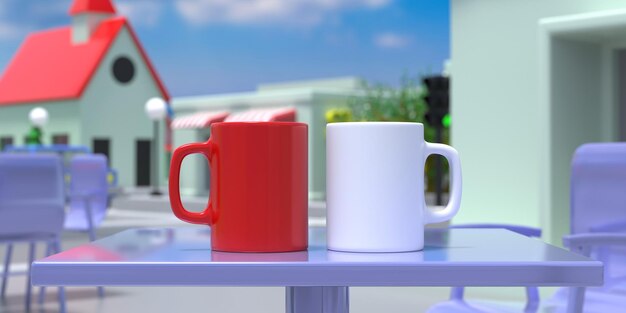 Cartoon red white mugs on table downtown concept Blur coffee shop background 3d illustration