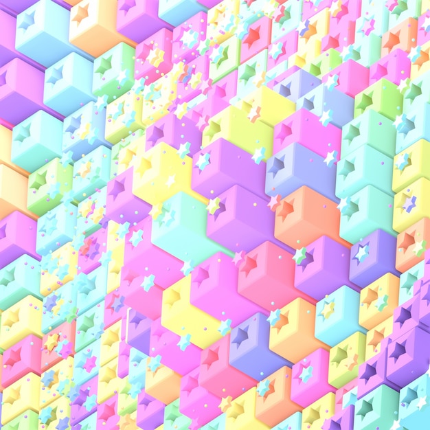 Cartoon regenboog pixel kubussen en sterren 3D-gerenderde afbeelding