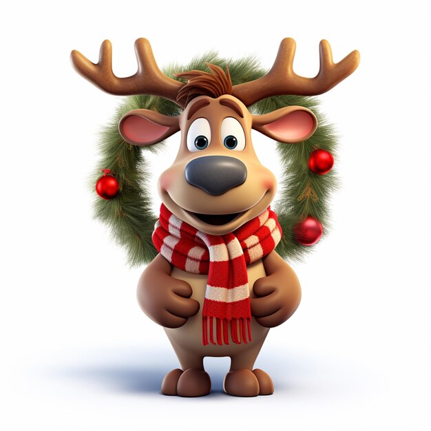 cartoon reindeer with christmas wreath and red balls on head generative ai