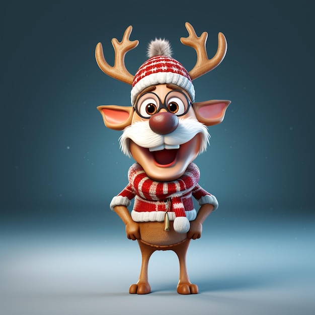 cartoon reindeer with a red nose and a red scarf and a hat generative ai