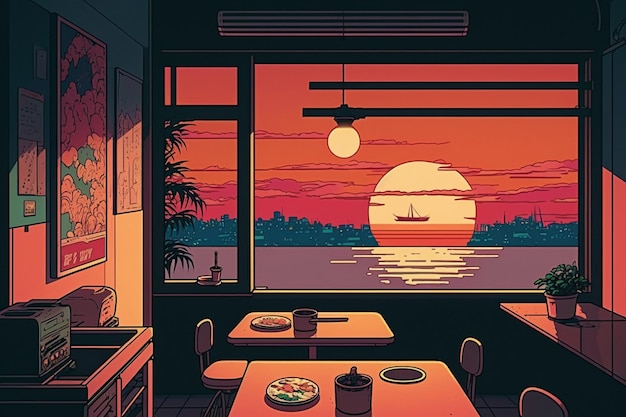 A cartoon of a restaurant with a sunset in the background