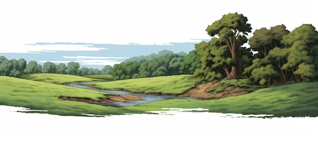 a cartoon of a river running through a lush green field generative ai