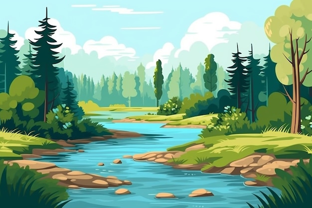 A cartoon river with trees and rocks in the middle generative ai