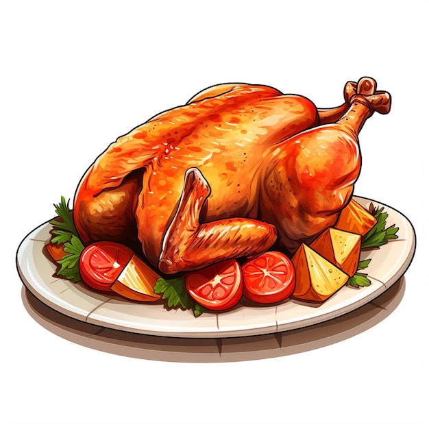 Cartoon roast chicken on white background