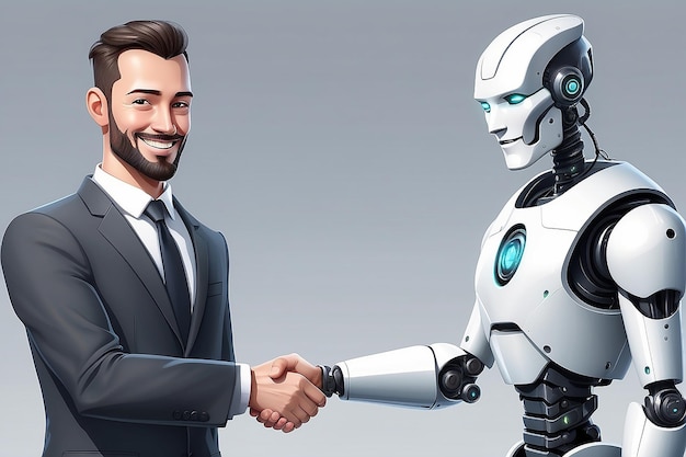 Cartoon robot and business man handshake