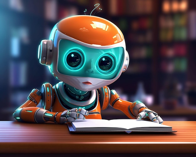 Cartoon robot die een boek leest in een bibliotheek generatieve ai