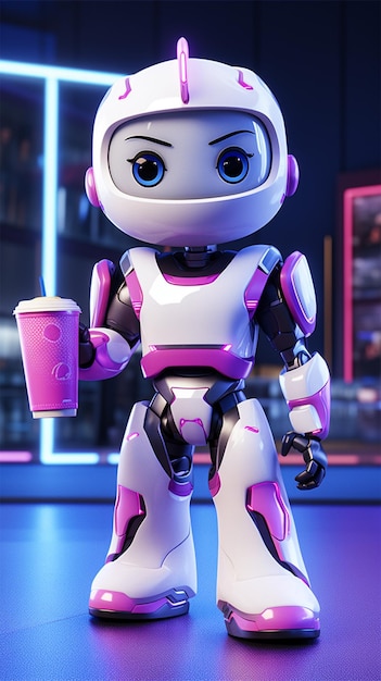 Cartoon robot en drank 3d rendering realistisch personage smartphone behang ontwerp portret