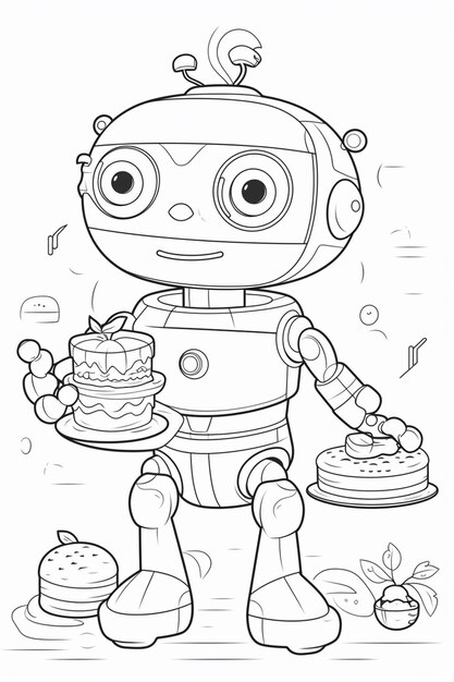 Photo a cartoon robot holding a cake and a plate of cake generative ai