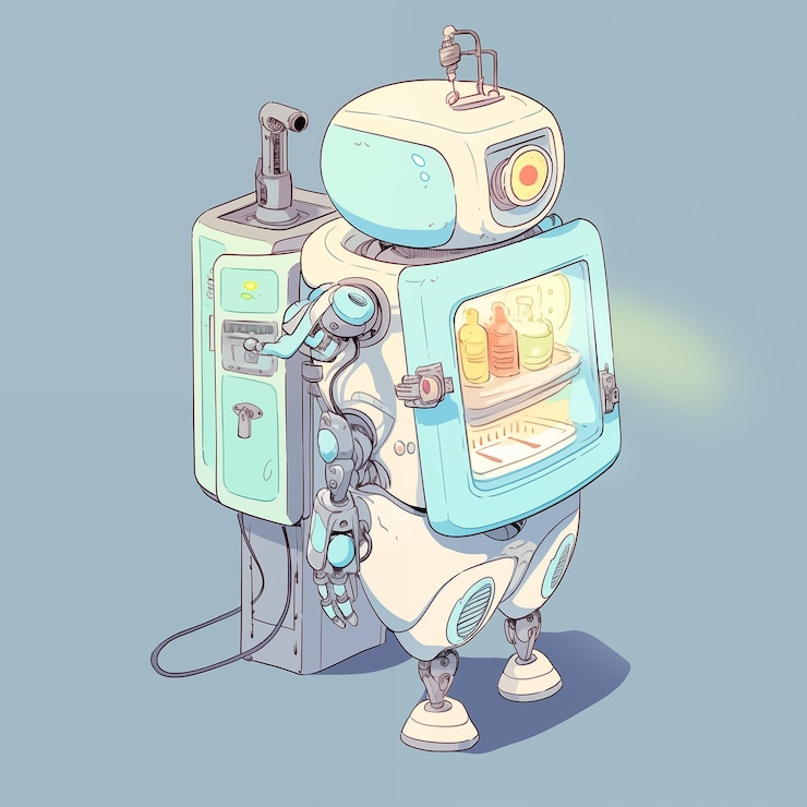 Foto cartoon robot met koelkast