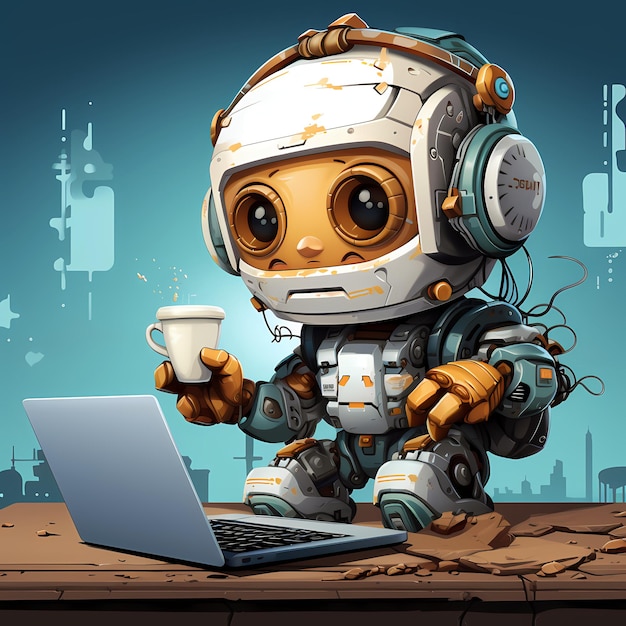 a cartoon robot talking with a laptop and phone