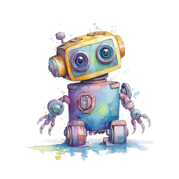 A cartoon robot that is painted in watercolor