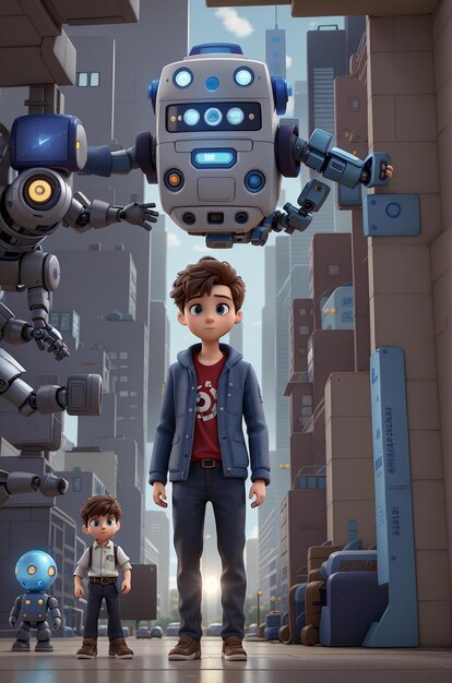 a cartoon of a robot with a boy in front of him.