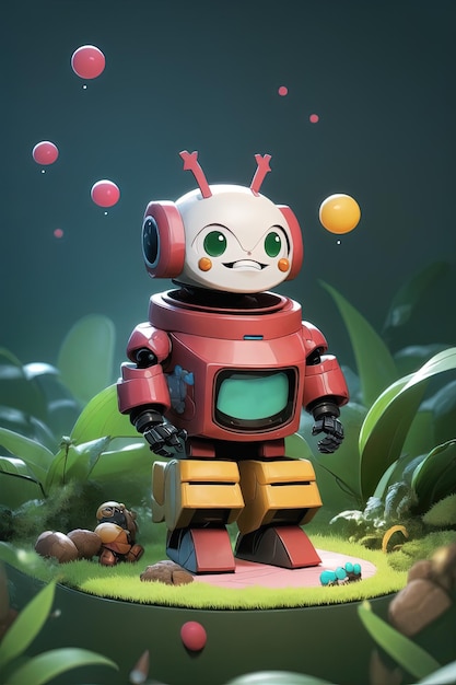 мультяшный робот с зелеными глазами и красным носом.