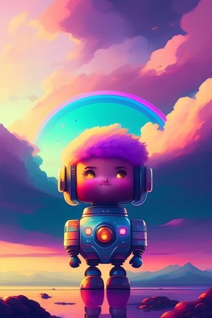 A cartoon robot with a rainbow in the background.