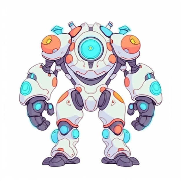 흰색 몸체와 주황색 및 파란색 악센트 생성 AI가 있는 만화 로봇