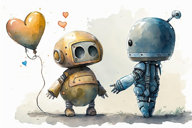 A cartoon of robots and a balloon