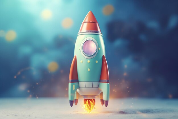 Cartoon rocket flying on pastel isolated background