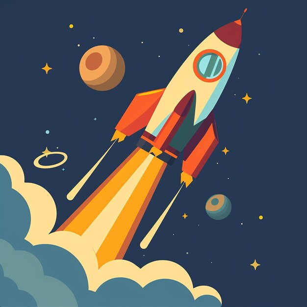 Photo a cartoon of a rocket flying through the sky