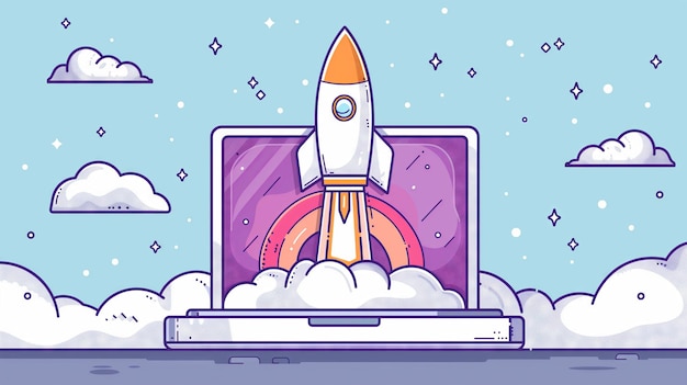 cartoon rocket launch from laptop