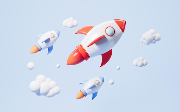 Photo cartoon rocket launching scene on the blue background 3d rendering