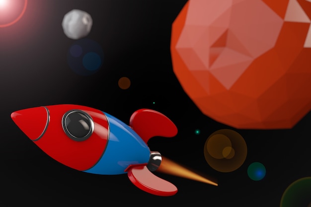 Cartoon Rocket near Red Planet in Deep Space. 3d Rendering