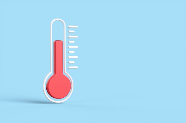 Cartoon rode thermometer geïsoleerd op blauwe achtergrond. Het concept van weer en verhoogde temperatuur van een pandemie. 3D render illustratie.