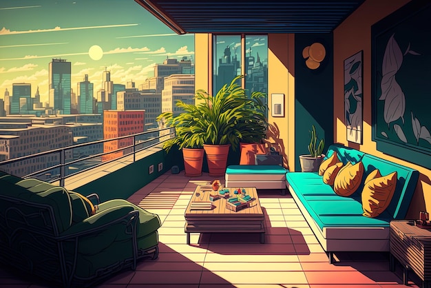 Photo cartoon rooftop lounge with city skyline