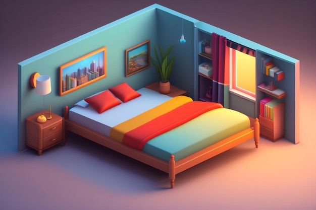 Photo a cartoon room with a bed and a shelf with a bookcase on it