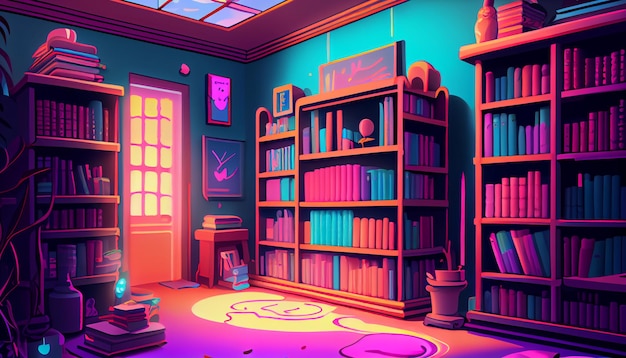 A cartoon of a room with a bookcase and a bookcase with a purple background.