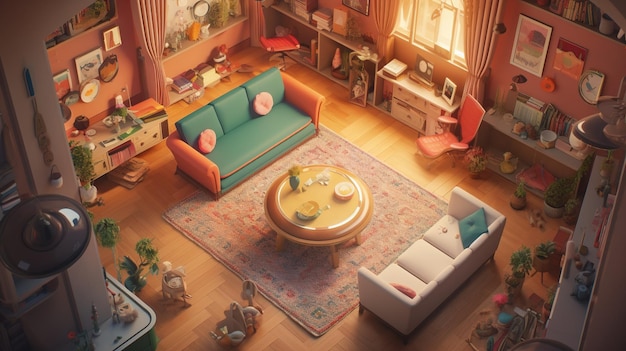 A cartoon room with a couch, a table, a coffee table, and a clock.