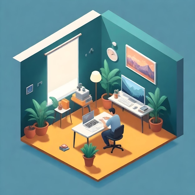 a cartoon of a room with a man working on a computer