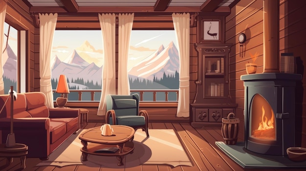 A cartoon room with a mountain view and a window with a mountain view.