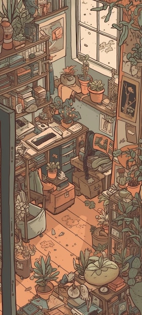 A cartoon of a room with a plant on the left side and a sign that says'ca'on the right.