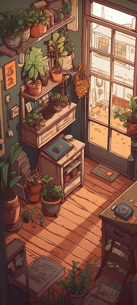 A cartoon of a room with plants on the floor and a window with a balcony in the background.