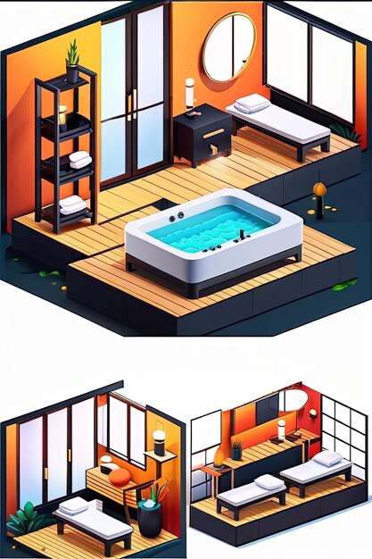 a cartoon of a room with a pool and a bed with a bathtub.