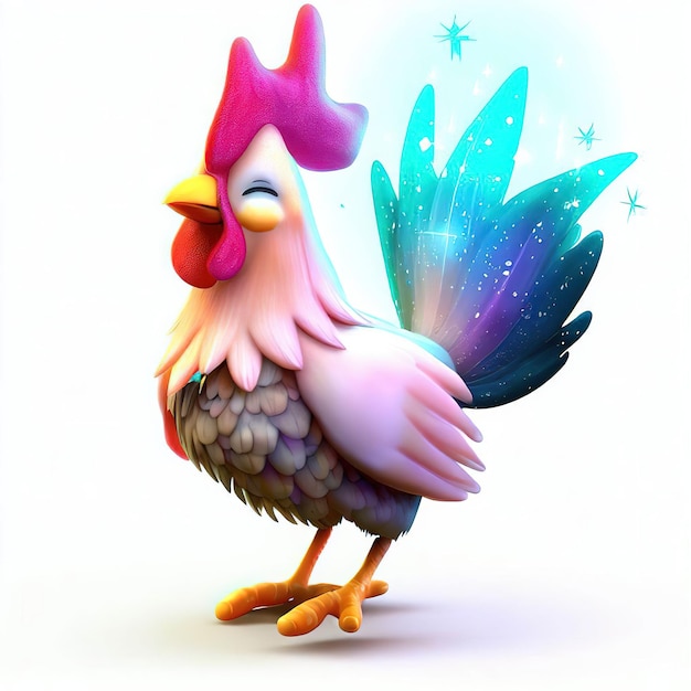 A cartoon of a rooster with a blue tail and stars on it.