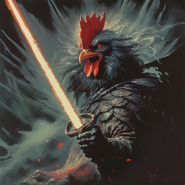 Photo a cartoon of a rooster with a sword in his hand