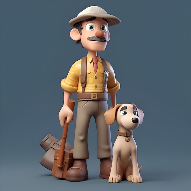 Cartoon safari jager met een hond 3D illustratie