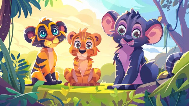 Cartoon safari tour banner with wild animals Tiger hyena and monkey jungle inhabitants Modern web poster for tickets