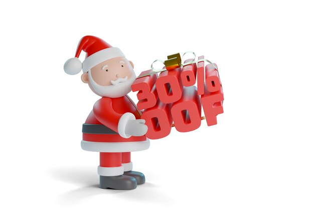 Cartoon Santa Claus carrying 30 percent off text isolated on white background. Christmas concept.