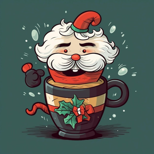 Photo cartoon santa claus in a cup of coffee with holly leaves generative ai