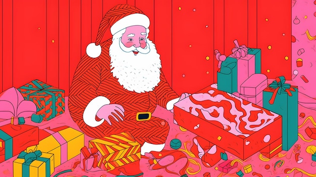 A cartoon of santa claus opening a present.