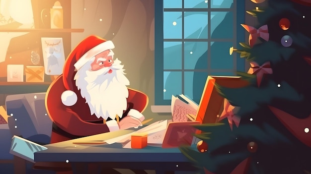 A cartoon santa claus sits at a desk in front of a christmas tree.