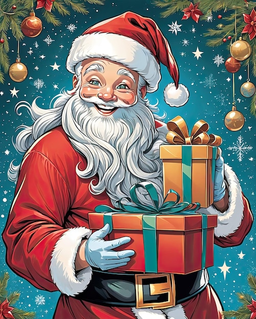 Cartoon santa claus smiling holding gifts