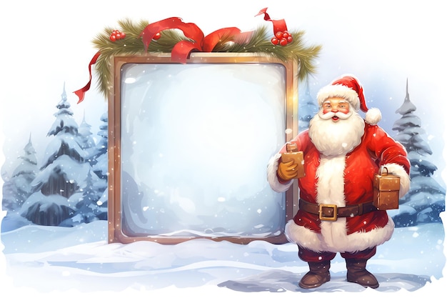 a cartoon of a santa claus standing next to a sign