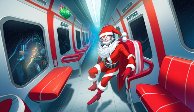 A cartoon santa claus in a subway car