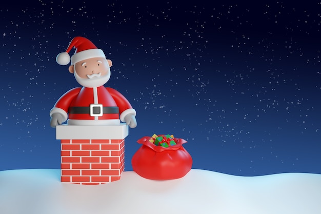 Мультяшный Санта-Клаус с мешком подарков через дымоход. Рождественское понятие.
