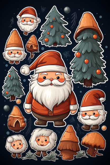 cartoon santa claus with different christmas trees and gnomes generativ ai