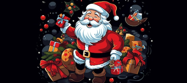 만화 산타클로스가 어두운 방에서 선물과 선물을 선물합니다.